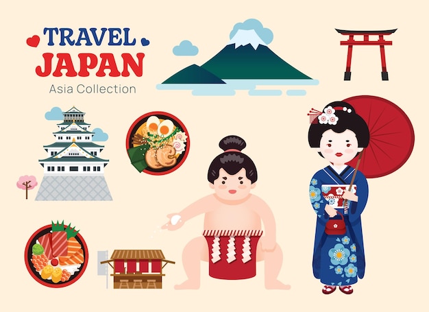 Travel Japan flat icons set Japanese element icon map and landmarks symbols and objects collection