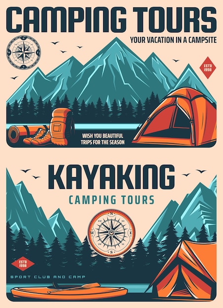 Travel and kayaking sport retro posters. Camping and hiking tours, campsite banners with mountain range peaks, pine forest and river. Camping equipment shop poster with kayak, tent and backpack