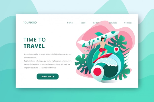 Travel Landing page illustration with summer surfing theme