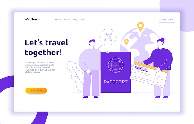  travel landing page with big modern people, man and woman traveling around the world.