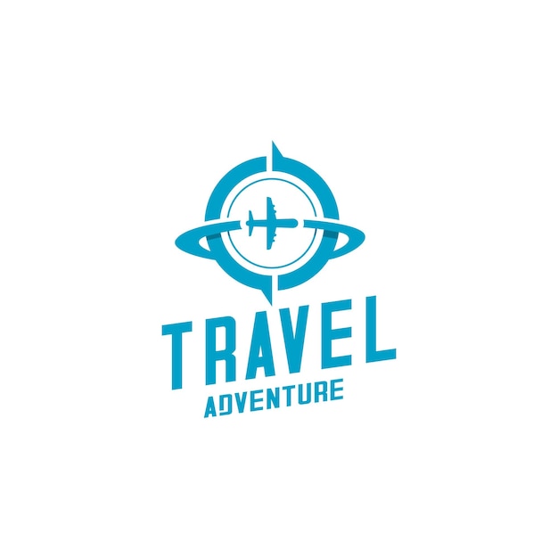 travel logo a plane flies across a world compass sign