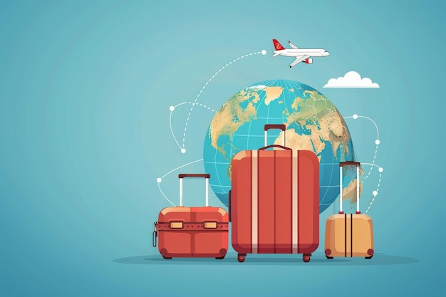 Vector travel luggage and globe with flight path