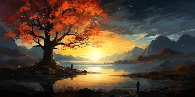 travel man taking a photo at the tree with glowing leaves floating in the sky digital art style illustration painting