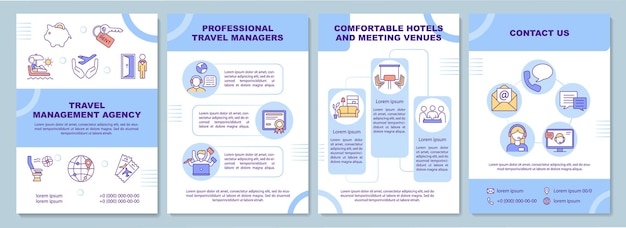 Travel management agency  template. Company and traveler. Flyer, booklet, leaflet print, cover design with linear icons.