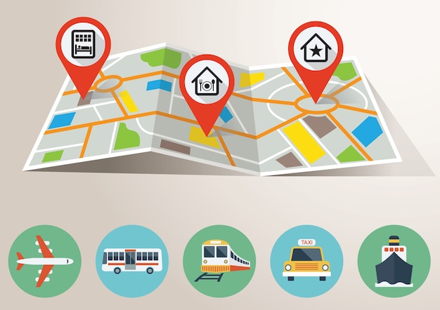 Travel Map with GPS Marking and Transportation Icons