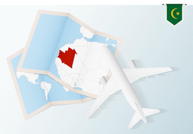 Travel to Mauritania, top view airplane with map and flag of Mauritania.