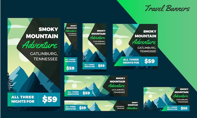 Vector travel in mountain web banners amp google ad with blue and green colors