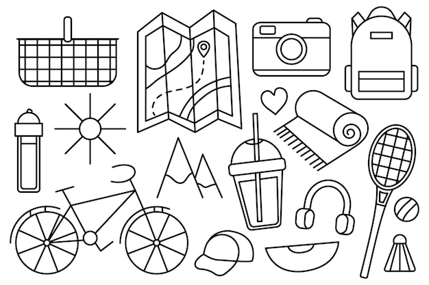 Travel to the mountains, hike. Eco tourism. Camping outdoor recreation. Vector line icon. Editable stroke. Doodle style. Collection of things for the vacation.