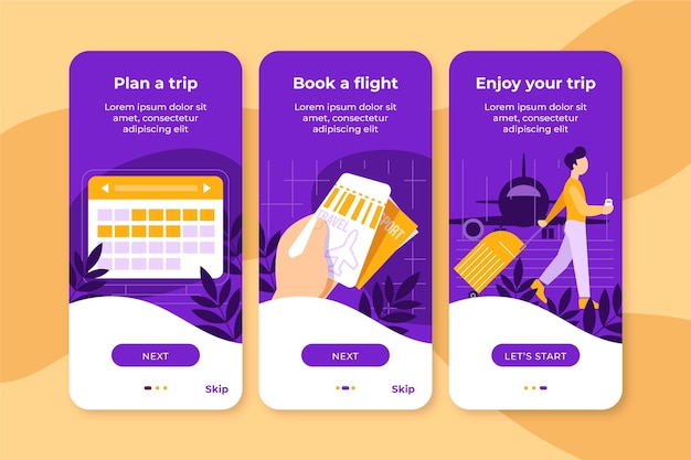 Travel onboarding app screens