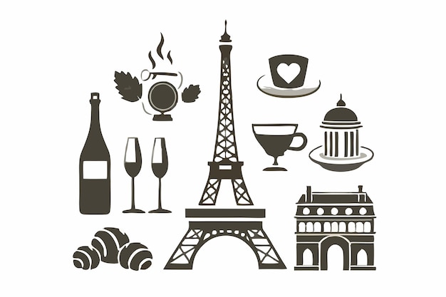 Vector travel to paris vector flat illustration city symbols landmarks and food on white background