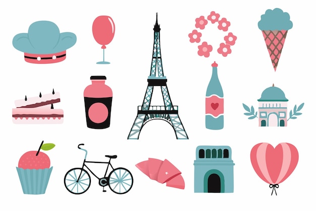 Vector travel to paris vector flat illustration city symbols landmarks and food on white background