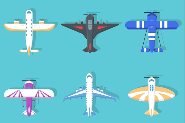 Vector travel plane top view set of flying planes airplane or aeroplane flat transportation airliner vector