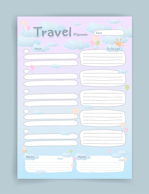 Travel planner Travel planner template Habit tracker Blank template Vector illustration Minimal style Clean style Daily to do Cute style