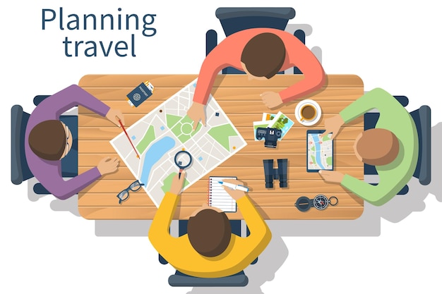 Vector travel planning vector trip plan team of people at the table planning a tourist trip plan planning vacation search place for holiday vector illustration of a flat design style travel concept