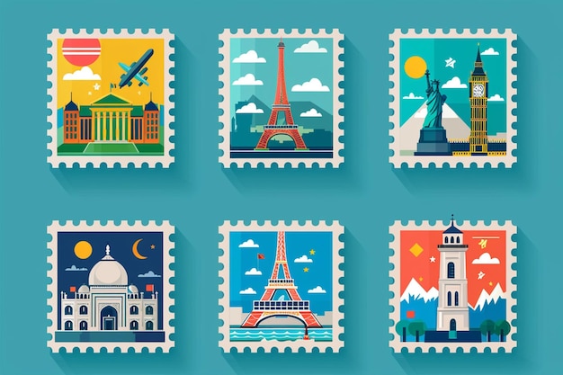 Vector travel post stamps flat illustration