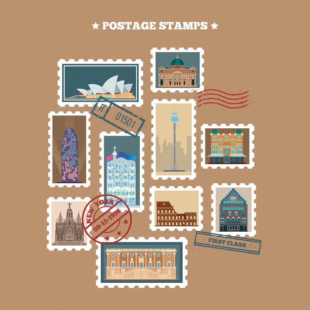 Vector travel postage stamps