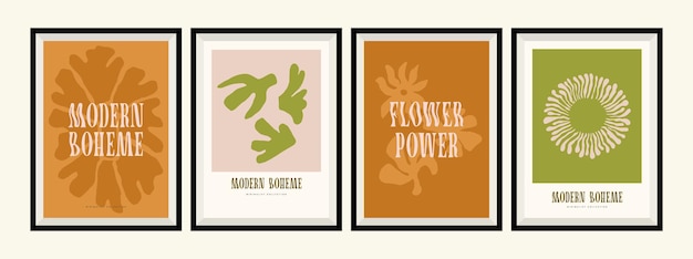 Travel poster collection with vector groovy flowers for wallpaper banner postcard