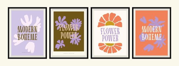 Travel poster collection with vector groovy flowers for wallpaper banner postcard