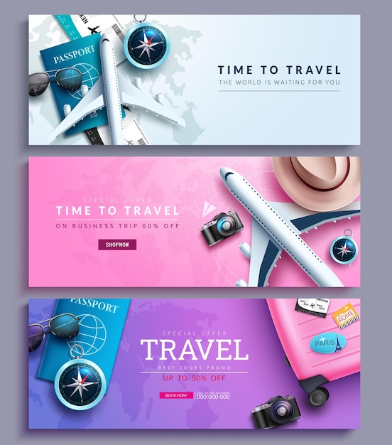 Vector travel promo vector banner set design. time to travel text promotion with special discount offer.