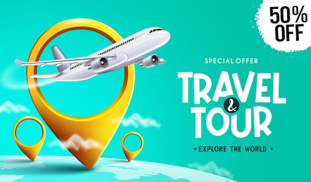 Travel promo vector design Travel tour text with special offer discount with airplane and location