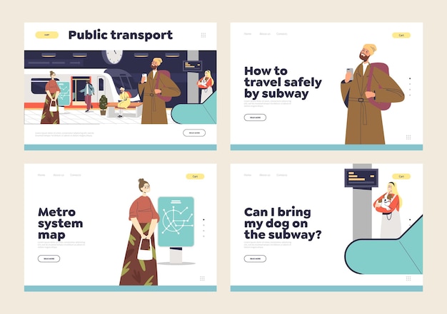 Travel on public transport concept of landing page set with people using metro and waiting for train