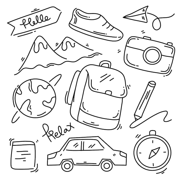 travel resources doodle set vector design