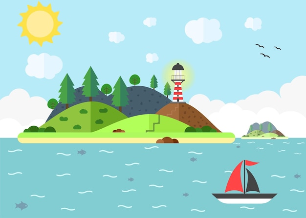 Travel scene in the sea with lighthouse hill tree and sail boat Summer time holiday voyage concept Flat vector illustration