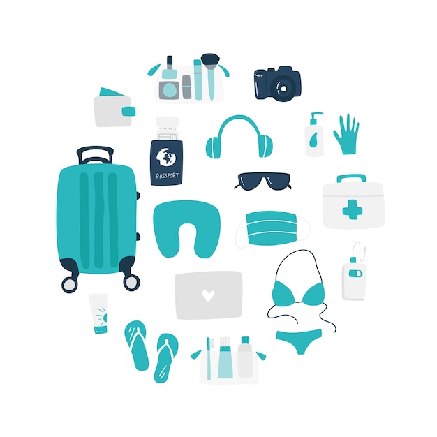 Travel set.Travel kit with phone,charger,passport,tickets,credit cards,wallet,suitcase,sunglasses,camera,first aid kit,sunscreen,mask,antiseptic,gloves,laptop,flight pillow etc.Vector isolated.