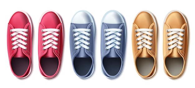 Travel shoes vector set design. Traveler sneakers for casual trend footwear collection isolated