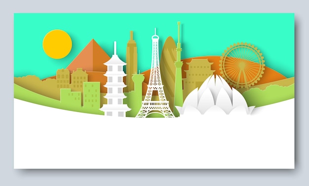 Travel skyline paper cut 3d vector banner