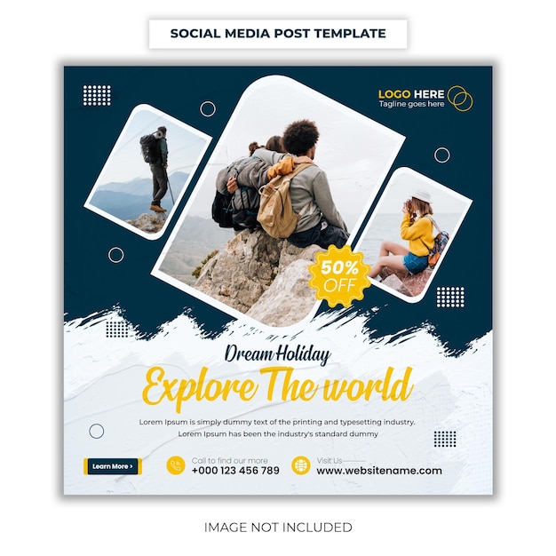 Travel social media post template, tour holiday vacation Instagram post premium vector