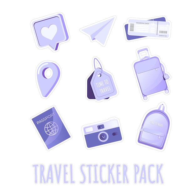 Travel sticker pack. Set of travel elements like a suitcase, camera or ticket in flat style.