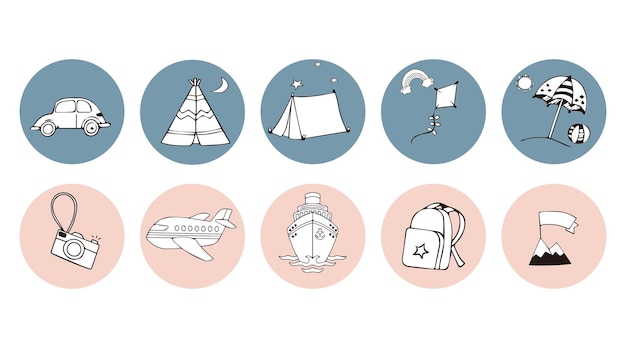 Travel stickers collection set cartoon style flat design Premium Vector