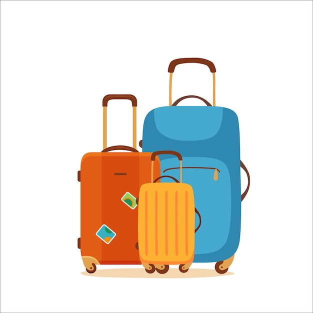 Travel suitcase vector cartoon colorful concept. Tourists packing luggage for business journey illustration. Design template for airport, ticket sales, vacation, recreation, voyage, handbag for trip.