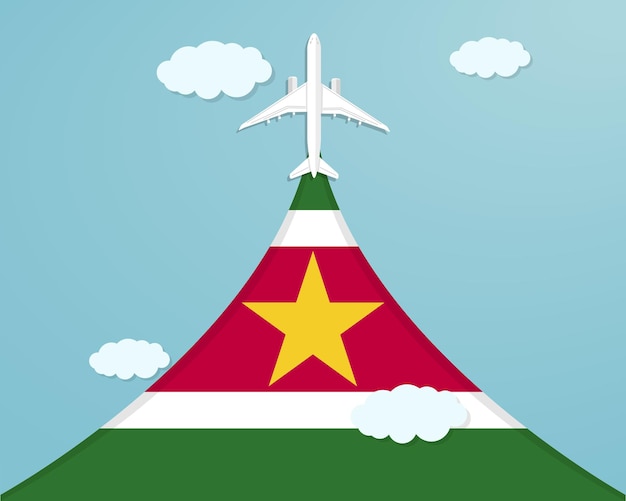 Travel to Suriname by flight destination concept paper cut vacation idea