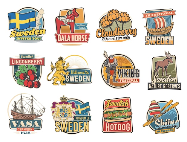 Travel to Sweden vector icons swedish landmarks