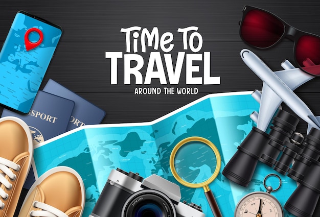 Travel time vector background design. Time to travel around the world text in wooden space.