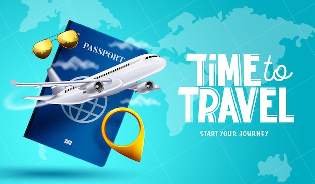 Travel time vector background design Time to travel text with 3d travelling elements of passport