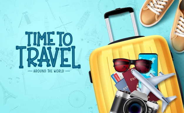 Travel time vector background design. Travel around the world text in map empty space with luggage