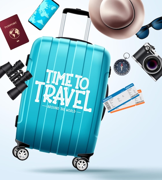 Travel time vector design. Travel around the world text in luggage bag space with binocular, phone,