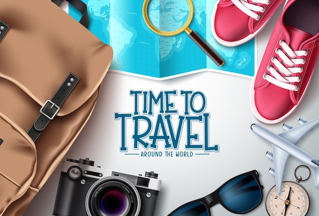 Travel time vector design. Travel around the world text with tourist elements like bag, sneakers