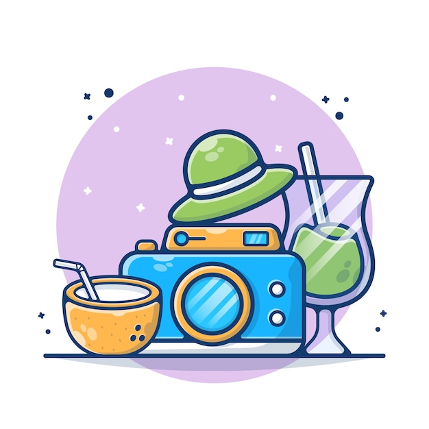 Travel Tool Equipment with Camera, Coconut, Drink, and Hat   Illustration. Flat Cartoon Style