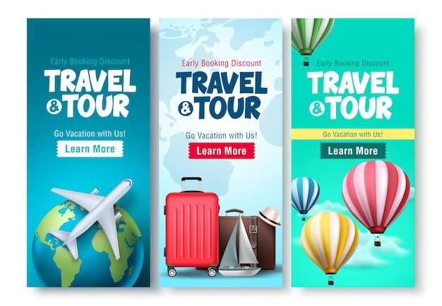 Vector travel and tour poster set vector background design. travel and tour early booking discount