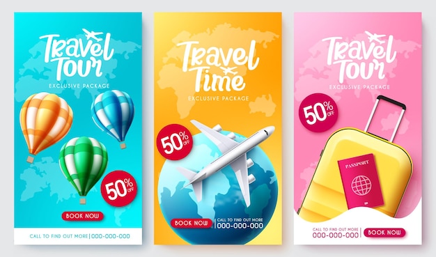 Vector travel tour vector poster set travel package collection in exclusive discount with tourist elements