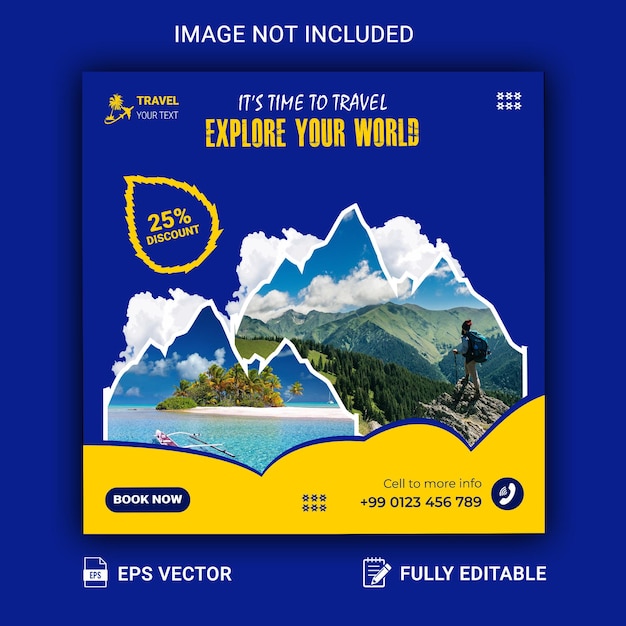 Travel or tourism social media post, web banner template or tour holiday web post design template