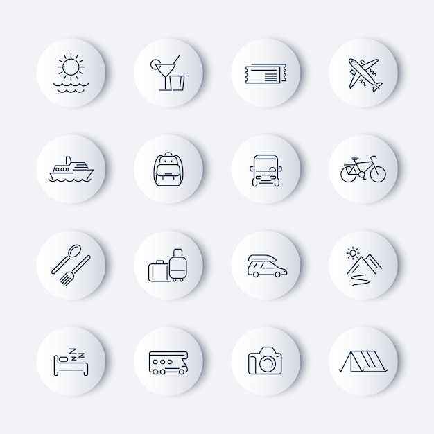 Travel, tourism, trip, vacation line icons pack