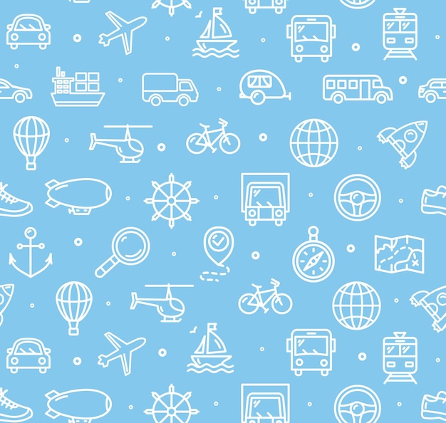 Travel and Transportation Background Pattern on Blue. Vector illustration