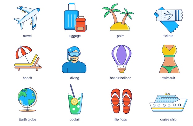 Travel vacation concept line icons set Pack outline pictograms of airplane luggage palm ticket beach