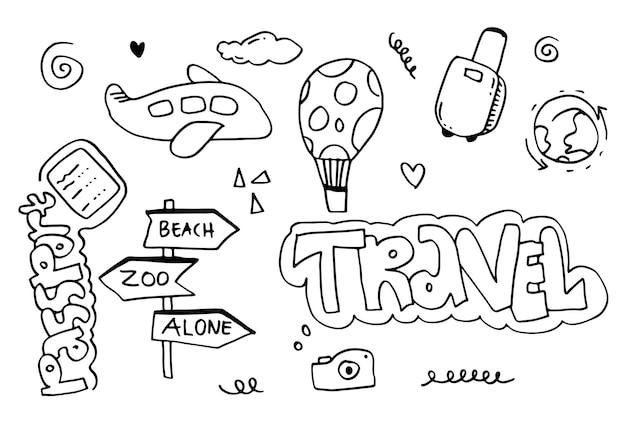 Travel and vacation hand drawn icons Summer tourism doodles Outline. vector illustration.