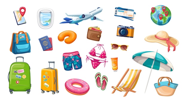 Travel vacation on summer beach set isolated collection for holiday on tropical island